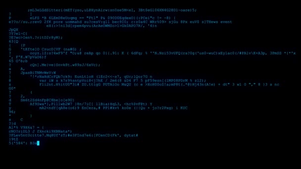 Cifrado rápido y largo desplazamiento programación seguridad piratería código flujo de datos en pantalla azul nuevos números de calidad letras codificación techno alegre vídeo 4k archivo de archivo — Vídeo de stock