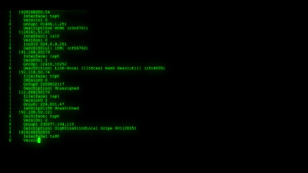 Criptato veloce lungo scorrimento programmazione sicurezza hacking flusso di dati codice sul display verde nuovi numeri di qualità lettere di codifica techno gioioso video 4k magazzino filmato — Video Stock