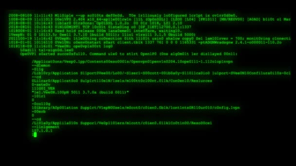 Зашифрованный долго прокрутки программирования безопасности хакерского кода потока данных потока на зеленый дисплей новые качественные цифры буквы кодирования техно радостное видео 4k фондовые кадры — стоковое видео