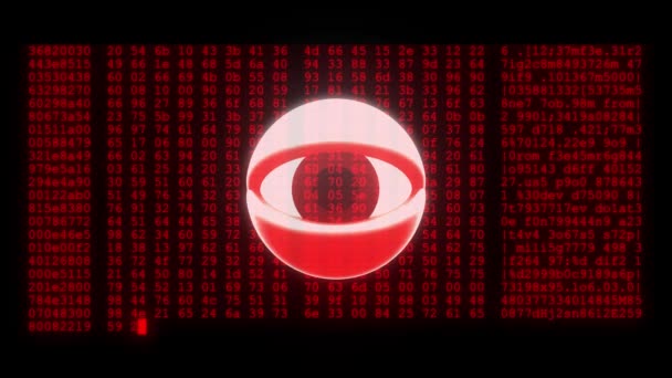 Espía hacker ojo de espera con cifrado rápido y largo desplazamiento programación seguridad piratería código flujo de datos corriente en pantalla nuevos números de calidad letras codificación techno alegre vídeo 4k archivo — Vídeo de stock