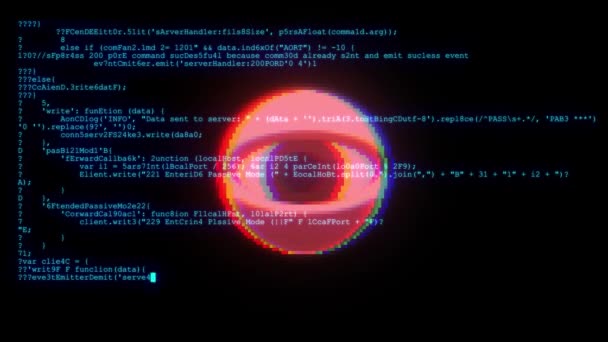 Spy hacker wathing ögat med krypterad snabbt lång rullande programmering säkerhet hacka koden data flöde ström på displayen ny kvalitet siffror bokstäver kodning techno joyful video 4k arkivfilmer — Stockvideo
