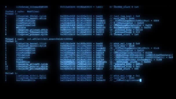 Ruidoso distorsionado glitched rápido largo desplazamiento programación seguridad piratería código flujo de datos en pantalla azul nuevos números de calidad letras codificación techno alegre vídeo 4k archivo — Vídeos de Stock