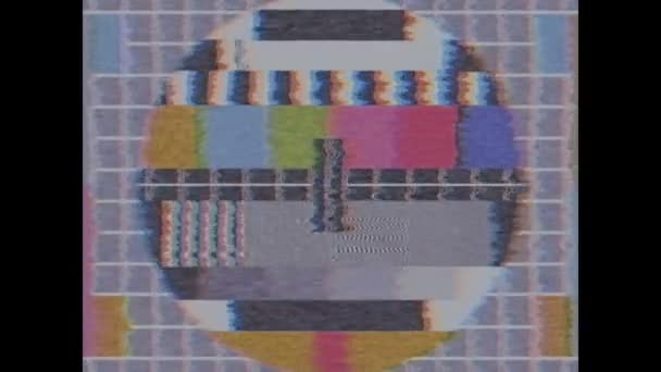 Ретро 4x3 ТВ тест планшет на экране помех фоновый анимационный цикл новое качество старинных цифровых технологий красочные видео кадры — стоковое видео