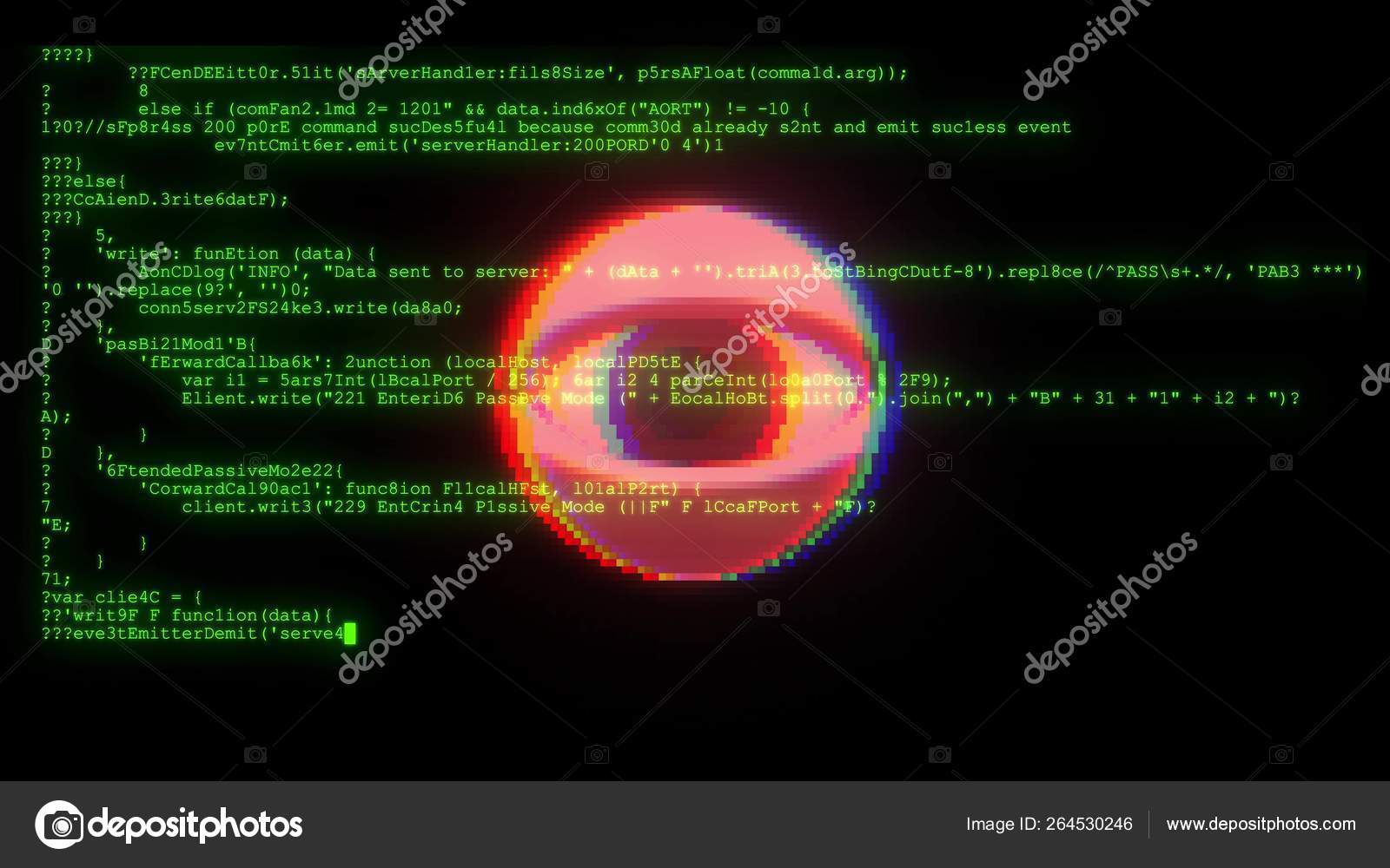 暗号化されたプログラミングセキュリティハッキングコードデータフローストリームで目を見張るスパイハッカーは、ディスプレイのイラストの背景に新しい数字の文字をコーディングテクノ喜び4kストック画像  — ストック写真 © SBI #264530246