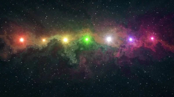 Sept étoiles de couleur arc-en-ciel brillent dans la nébuleuse douce ciel nocturne illustration arrière-plan nouvelle qualité nature scénique cool coloré belle lumière image stock — Photo