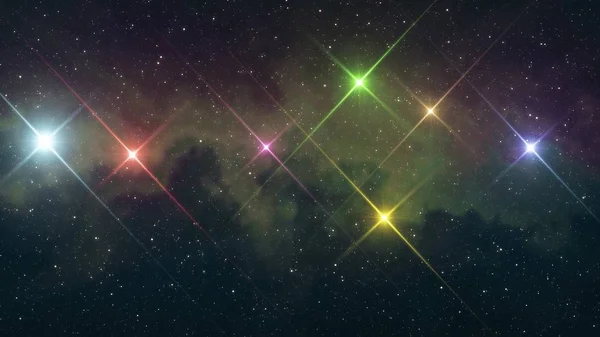 Sept étoiles de couleur arc-en-ciel brillent dans la nébuleuse douce ciel nocturne illustration arrière-plan nouvelle qualité nature scénique cool coloré belle lumière image stock — Photo