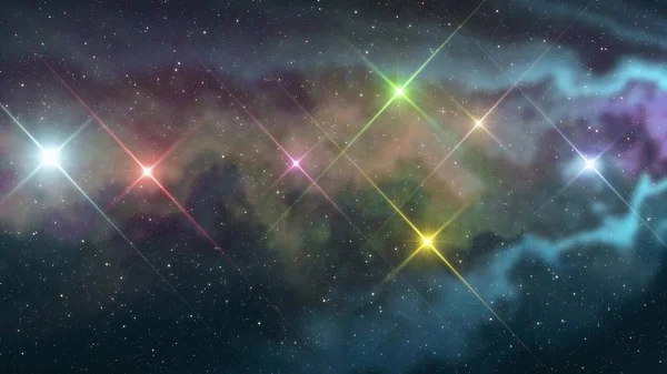 Seven rainbow colored stars shine in soft nebula night sky illustration background new quality nature scenic cool colorful nice light stock image — Stock Photo, Image