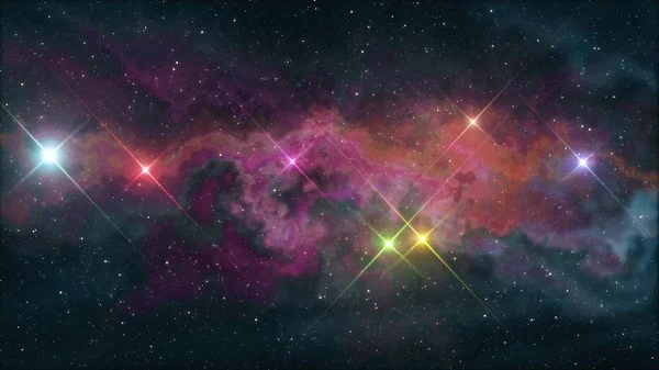 Seven rainbow colored stars shine in soft nebula night sky illustration background new quality nature scenic cool colorful nice light stock image — Stock Photo, Image