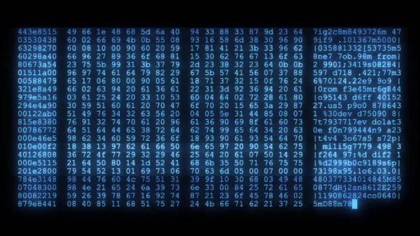 Programación cifrada seguridad piratería código flujo de datos corriente en pantalla nuevos números de calidad letras codificación techno alegre vídeo 4k stock image —  Fotos de Stock