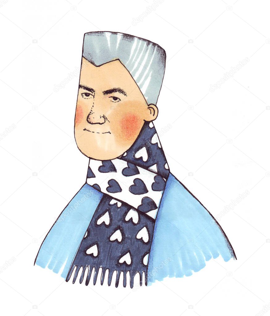 Watercolor illustration of stylish man  whith  blue scarf. Isolated on white background.