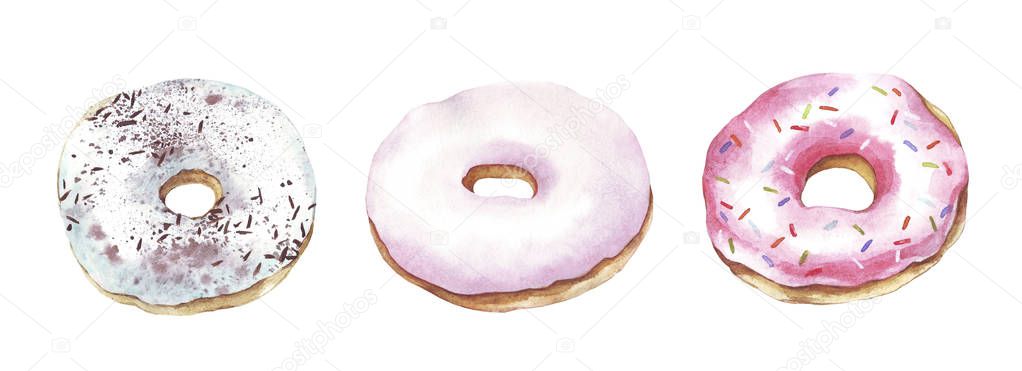 watercolor illustration. Set of different sweet donuts. Top view 