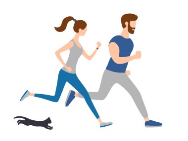 Günaydın antrenman, koşan çiftler, koşan insanlar. Yazın açık hava sporları. İyi eğlenceler, Fitness Sağlıklı Yaşam Tarzı. Vektör çizimi. Moda düz biçimi. 
