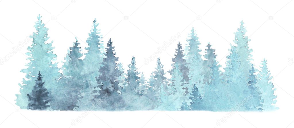 Beautiful watercolor coniferous forest illustration, Christmas fir trees, winter nature, holiday background, conifer, snow, outdoor, snowy rural landscape.