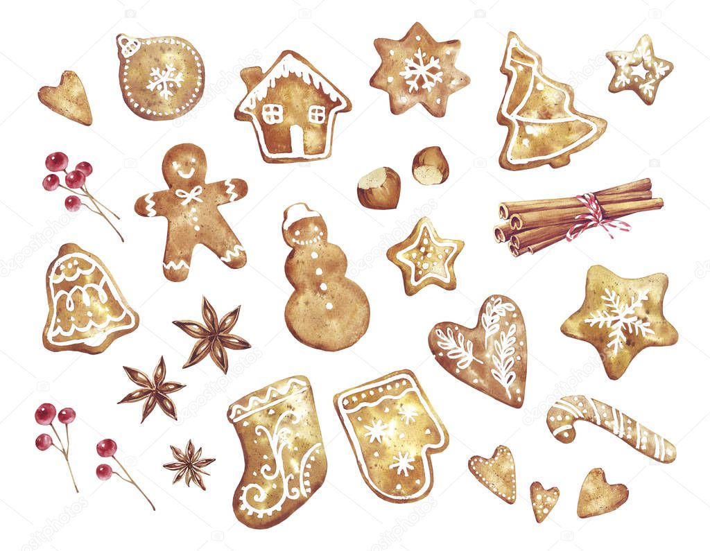 Gingerbread. Watercolor hand drawn traditional cookies with icing sugar, gingerbread man, star, tree, ball, bell, heart, berries, cinnamon, nuts and ect. Elements for holiday, cards, wrapping paper.