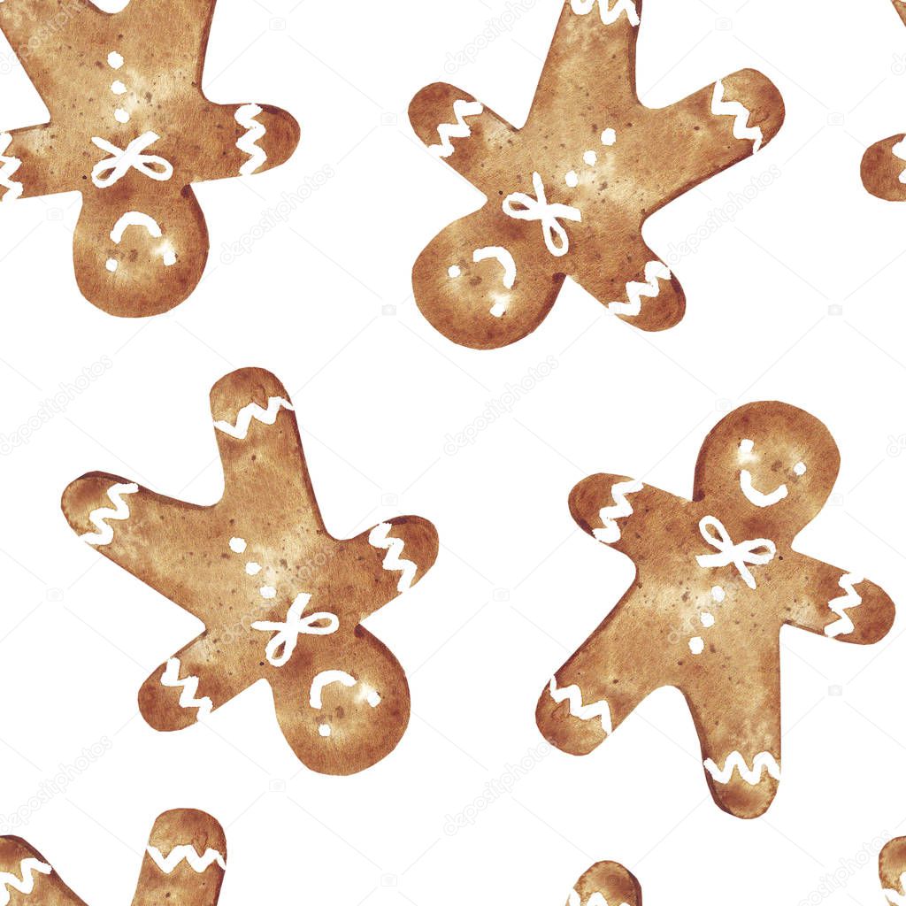 Gingerbread. Hand drawn watercolor seamless pattern traditional cookies with icing sugar, gingerbread man. Elements for holiday, cards, wrapping paper.