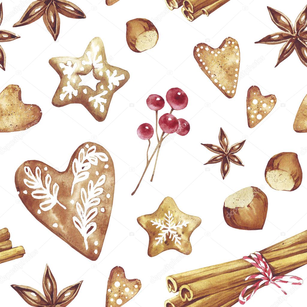 Gingerbread. Hand drawn watercolor seamless pattern traditional cookies with icing sugar, gingerbread star,  heart, berries, cinnamon, nuts and ect. Elements for holiday, cards, wrapping paper.