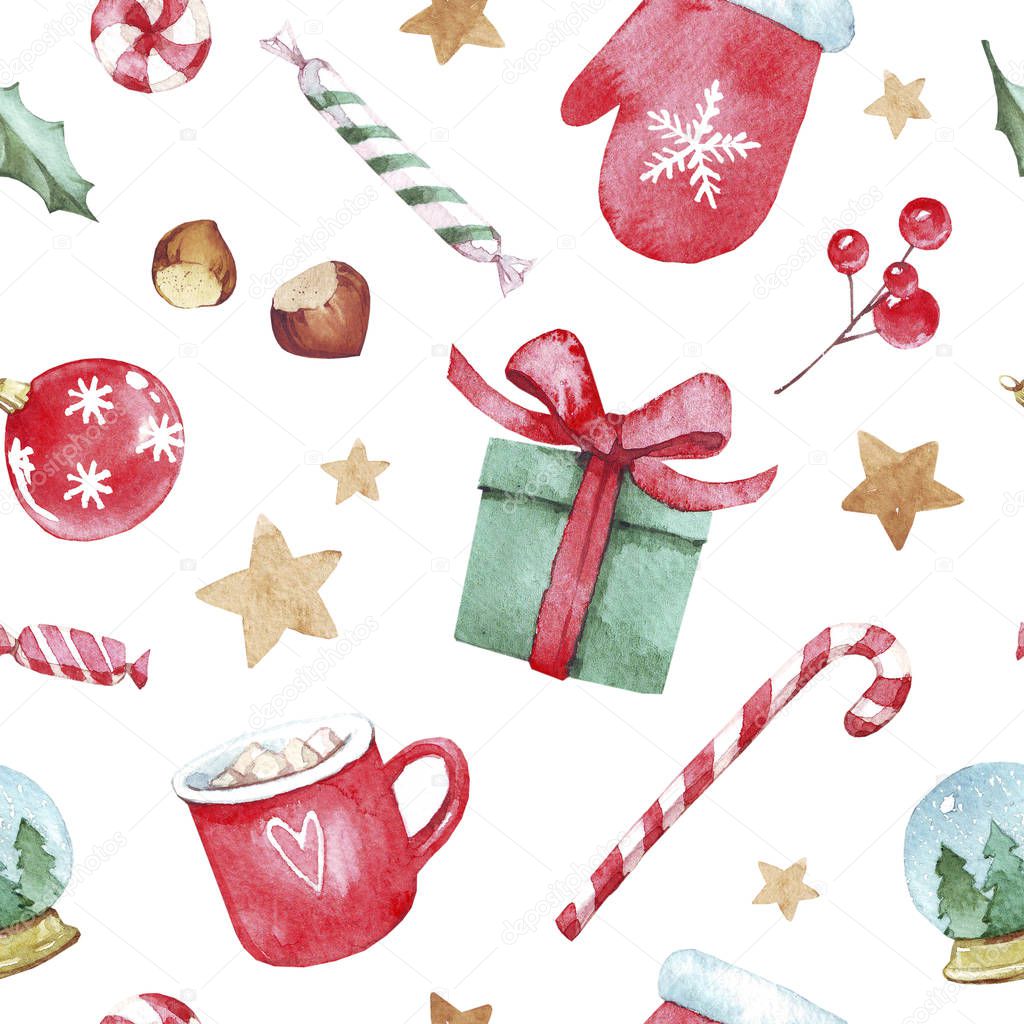 Watercolor hand drawn Christmas set with Christmas stockings, candy canes, Christmas decorations, stars and toys on white background. Perfect for wrapping paper, textile design, print.