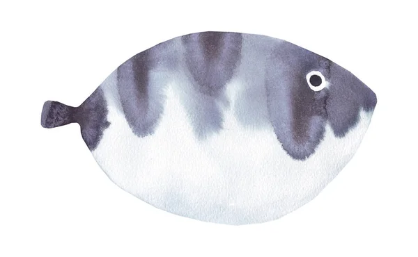 水色蓝鱼的食物在白色的背景上隔离开来 水彩画 小海鲜小吃 手工制作 — 图库照片