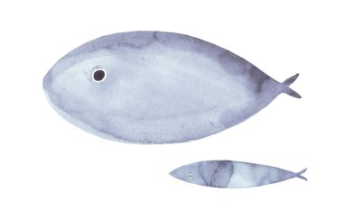 Güzel suluboya seti beyaz arka planda izole edilmiş mavi balıklar. Küçük deniz ürünleri, el yapımı akvaryum. Suluboya çizimi.