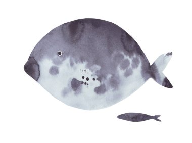 Güzel suluboya seti beyaz arka planda izole edilmiş mavi balıklar. Küçük deniz ürünleri, el yapımı akvaryum. Suluboya çizimi.