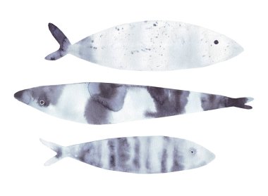 Güzel suluboya seti beyaz arka planda izole edilmiş mavi balıklar. Küçük deniz ürünleri, el yapımı akvaryum. Suluboya çizimi.