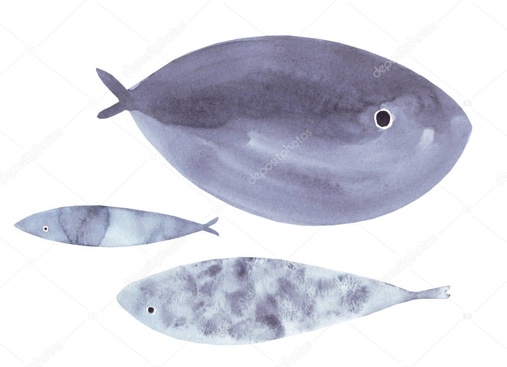 Set of watercolor illustrations sea blue ocean fishes isolated on white background. Underwater animal illustration for design, fabric or print.