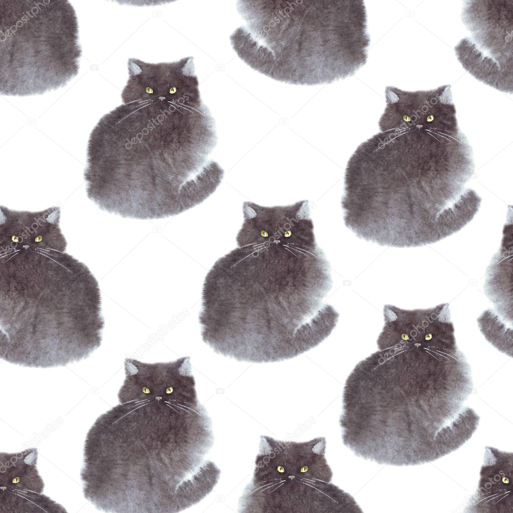 Cute seamless pattern with watercolor domestic black cat with long tail. Isolated on white background for design, fabric, postcards, banners.