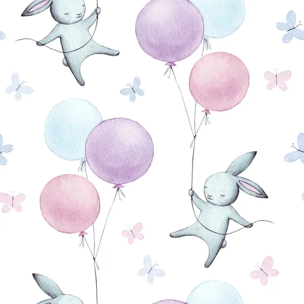 Cute seamless pattern with watercolor festive rabbits, hand drawn isolated on a white background.Happy bunny flying in the sky between colorful balloons and clouds. Cartoon hare  illustration for kids