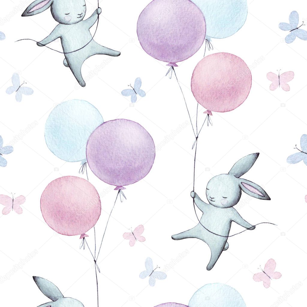 Cute seamless pattern with watercolor festive rabbits, hand drawn isolated on a white background.Happy bunny flying in the sky between colorful balloons and clouds. Cartoon hare  illustration for kids