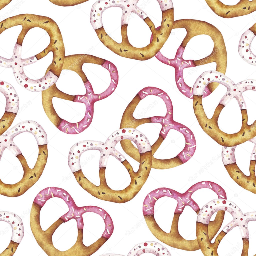 Pretzels hearts. St. Valentine day. Seamless pattern. Love. Food. Perfect for greetings, invitations, manufacture wrapping paper, textile and web design. Watercolor seamless pattern.