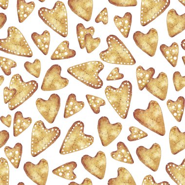 Zencefilli çörek. Elle çizilmiş suluboya desensiz geleneksel kurabiyeler, krema şekeri, kalp. Tatil malzemeleri, kartlar, ambalaj kağıtları..