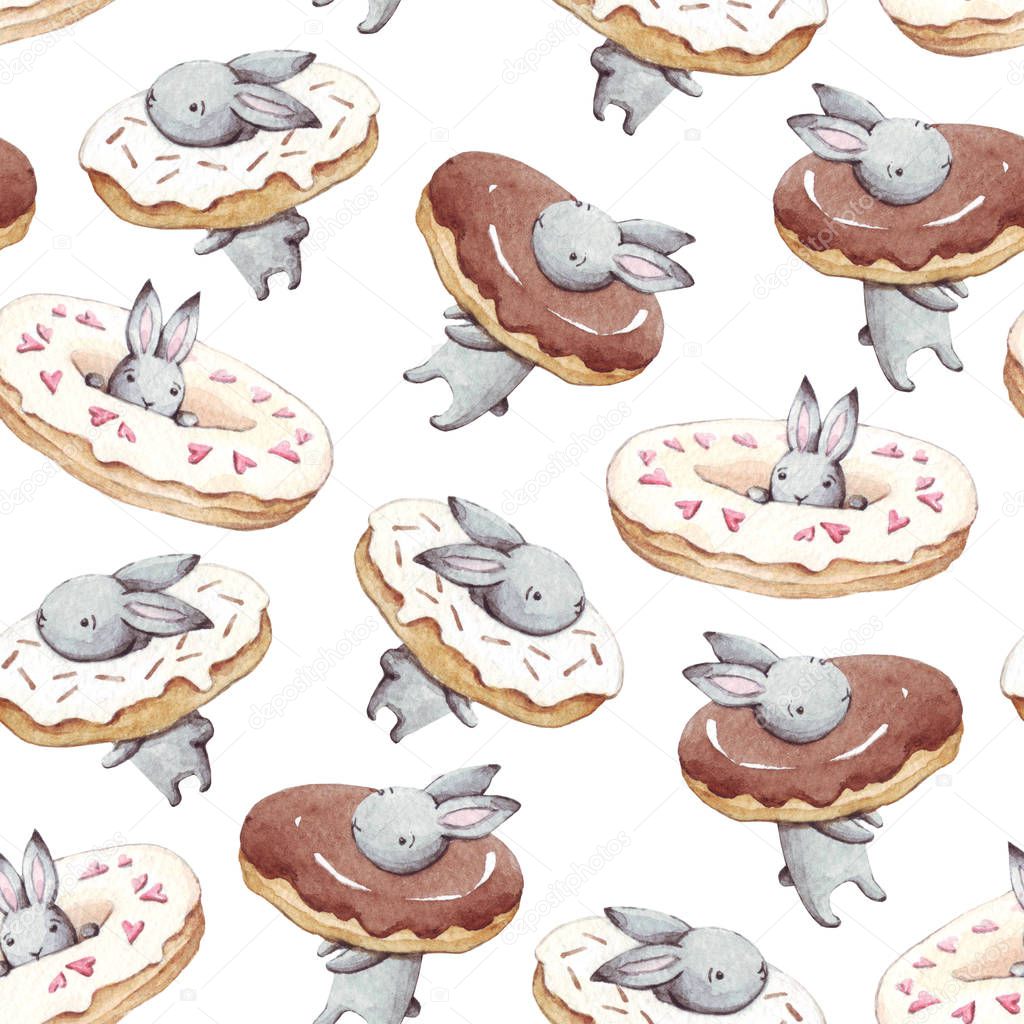 Watercolor seamless pattern. Wallpaper with party donuts and cute fantasy bunneis cartoon animals on white background. Hand drawn vintage texture.