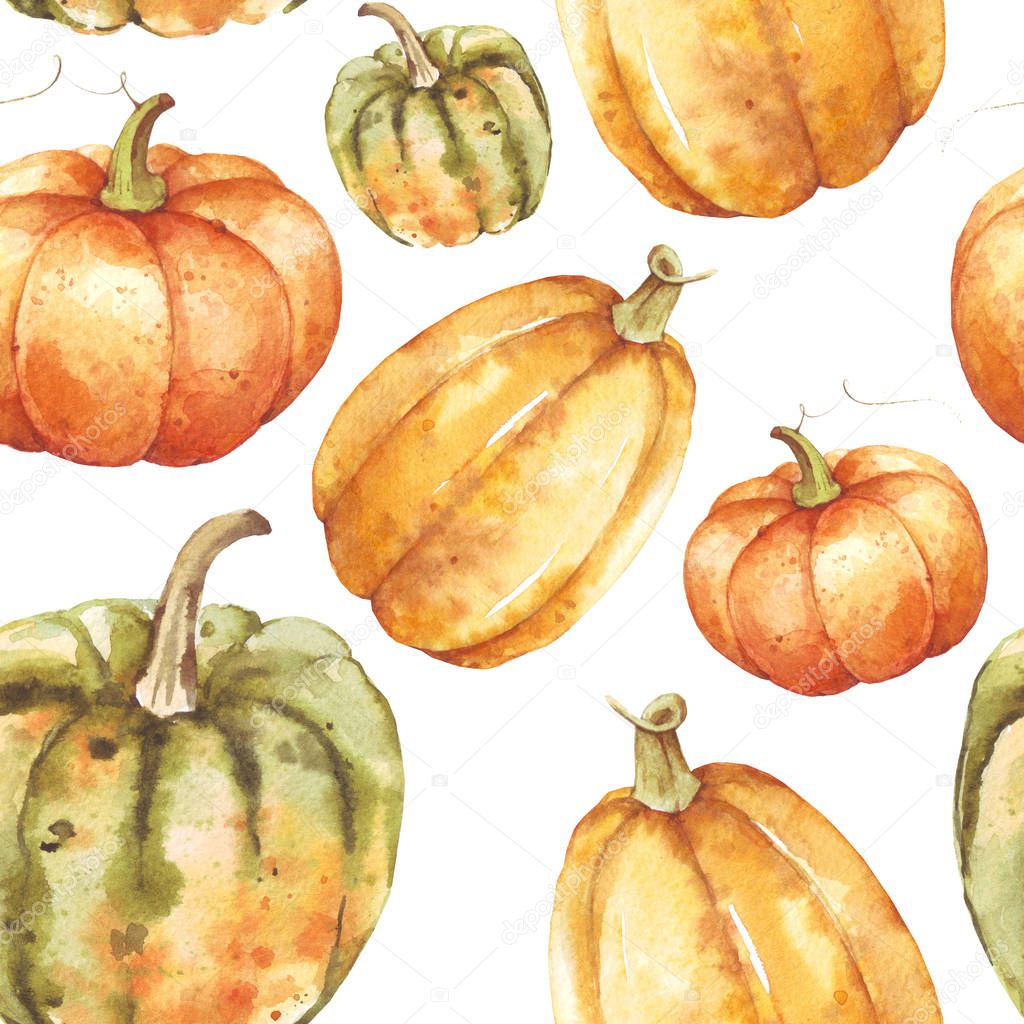 Hand drawn watercolor pumpkins fall seamless pattern on isolated white background. Watercolor illustration. Hand drawing. It is perfect for thanksgiving cards or posters, hal