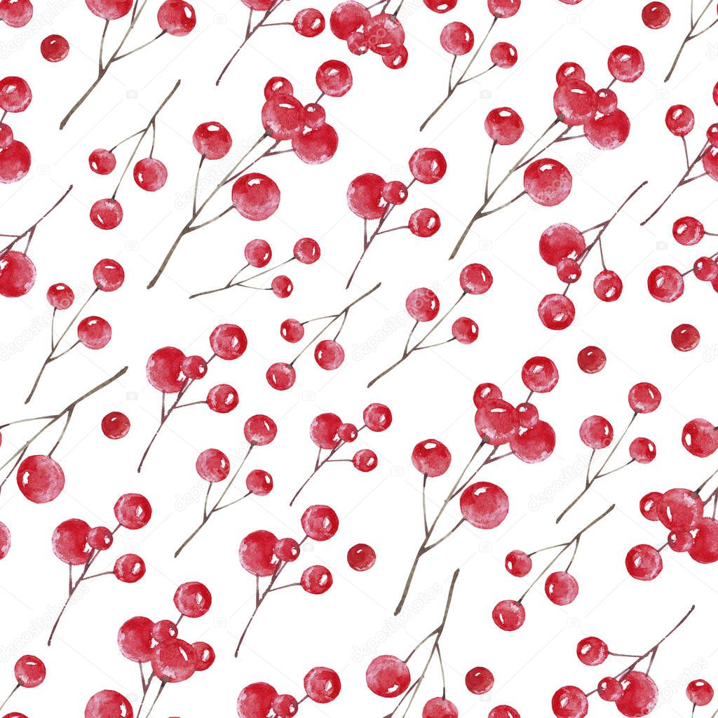 Branch with red berries on a white background. Watercolor seamless pattern. Good for new year and Christmas card, invitation, wrapping paper, fabric, wallpaper.