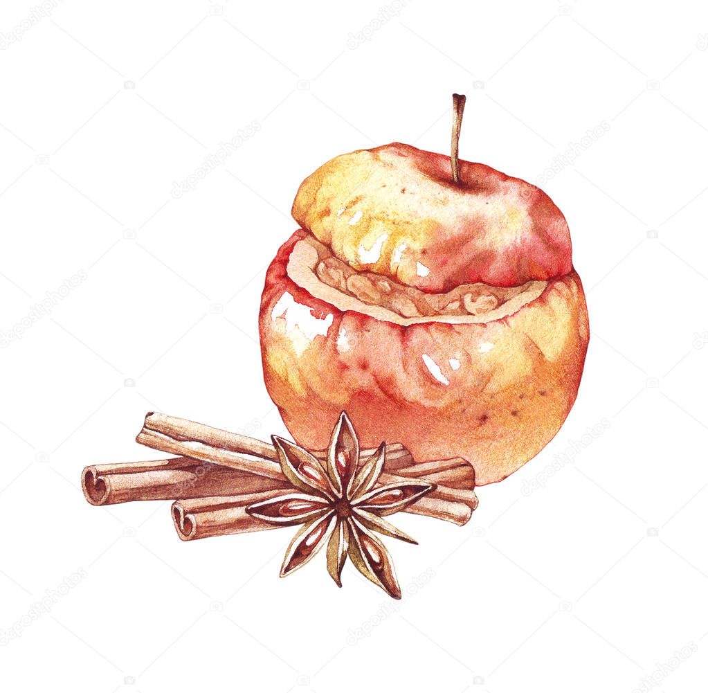 Baked apples with cinnamon, anise star and cinnamon. Watercolor illustration. Christmas desserts isolated on white. Hand drawn sketch of baked apple for festive design, holiday decoration, menu, banner.