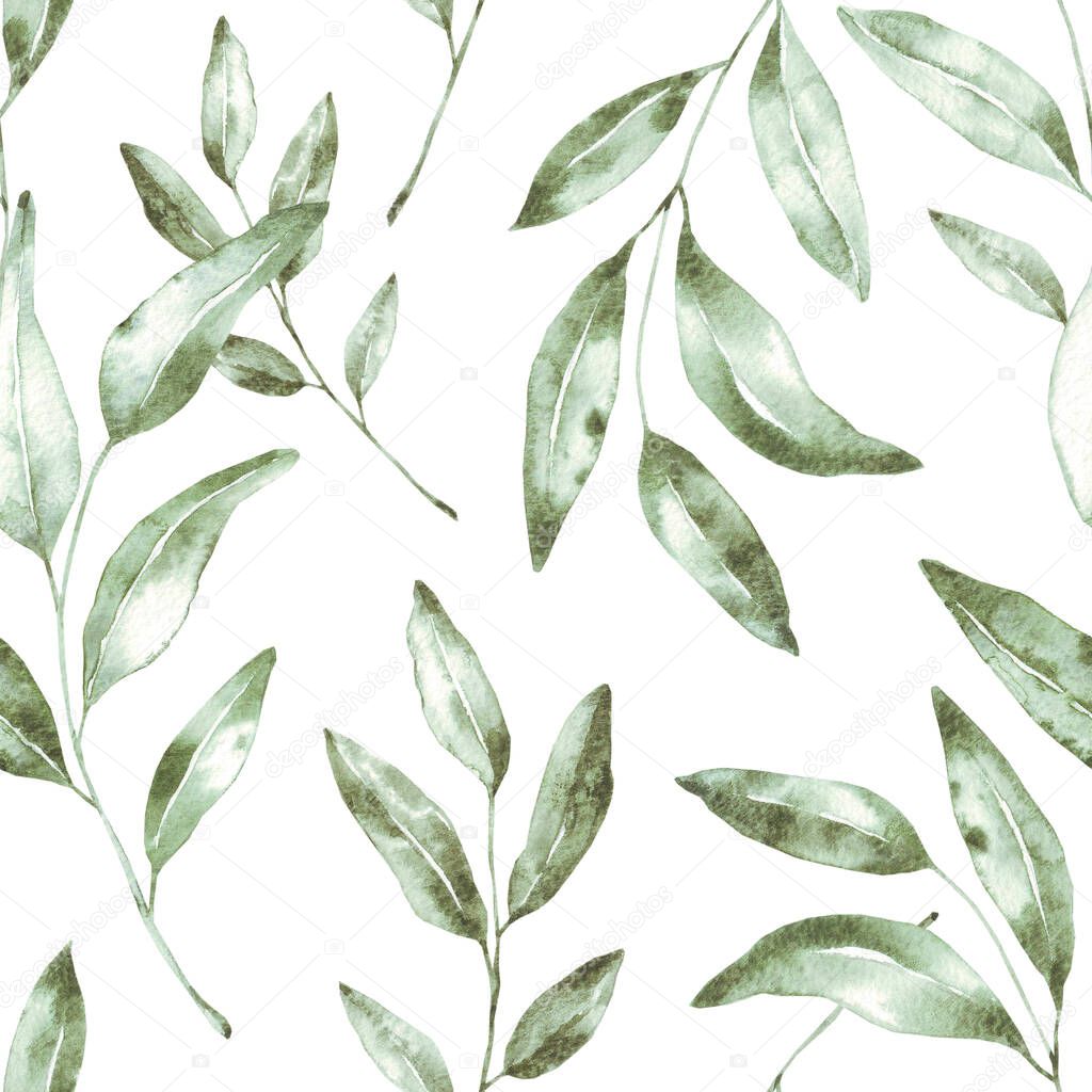 Beautiful hand-drawn green leaf seamless pattern. Tea watercolor illustration. Tropical plant. Background.