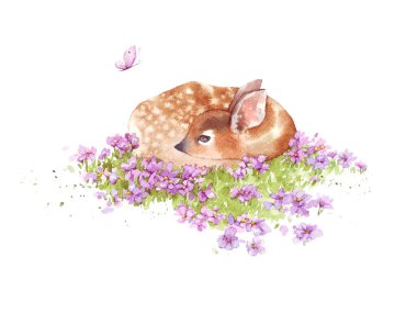 Şirin suluboya resimli bebek benekli geyik mor çiçekler ve kelebek. Çocuk giysileri, kumaş desenleri tasarlamak için. Beyaz arka planda izole edilmiş küçük vahşi orman hayvanları. 