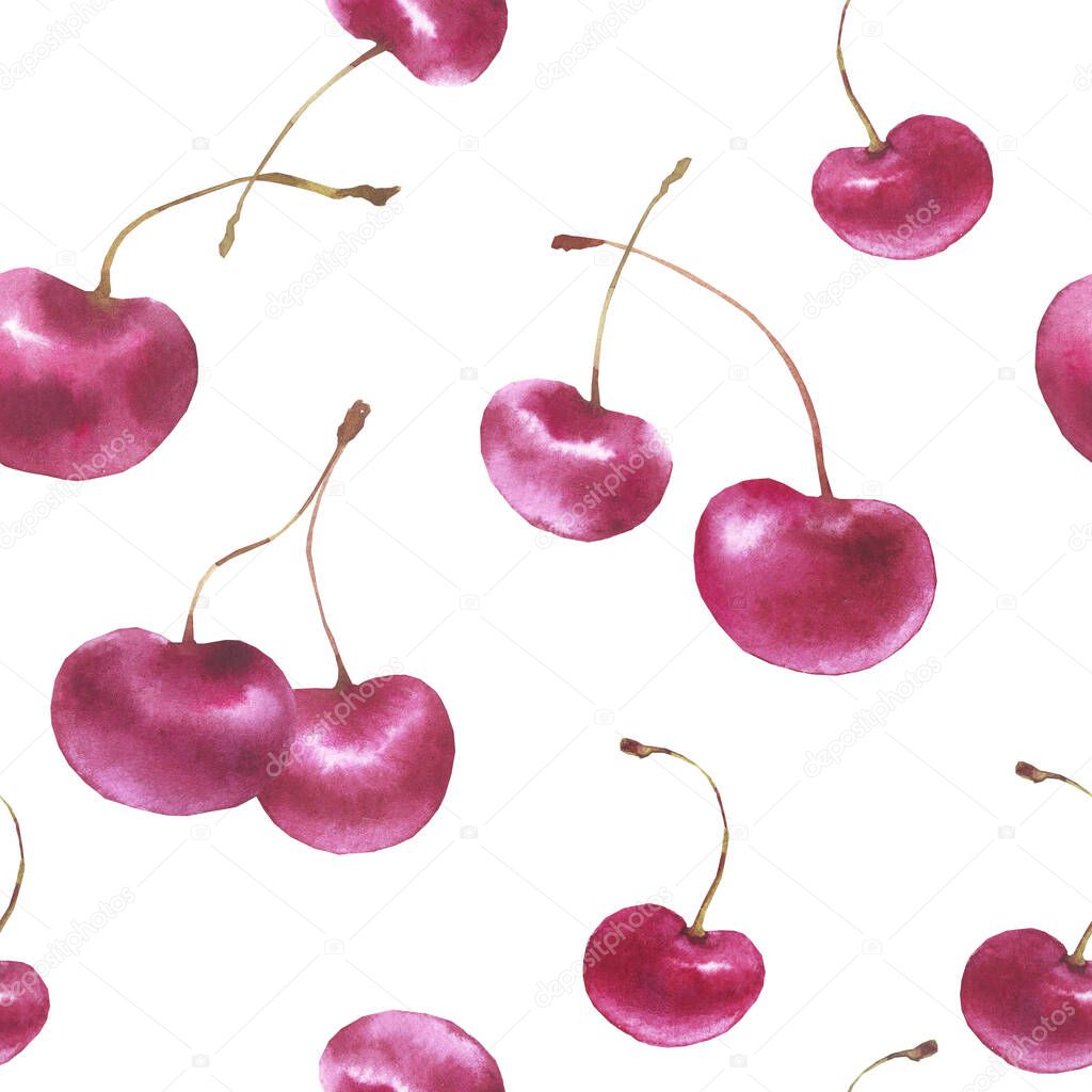 Beautiful watercolor seamless pattern with cherry berries isolated on a white background. Original hand-drawn illustration. Healthy food design. Bright tasty texture.