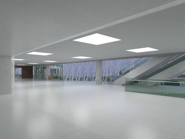 Koridorun genel iç mekanı. 3B render.