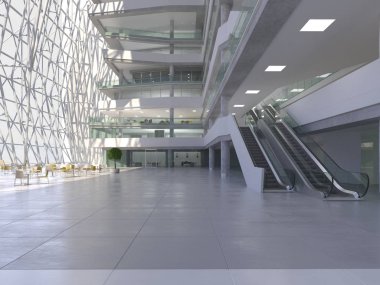 Koridorun genel iç mekanı. 3B render.