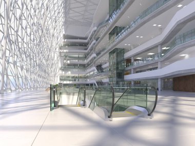 Koridorun genel iç mekanı. 3B render.