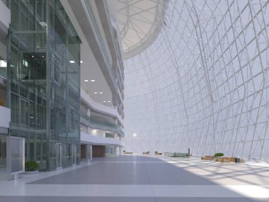 Koridorun genel iç mekanı. 3B render.