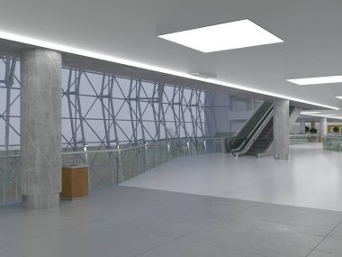 Koridorun genel iç mekanı. 3B render.