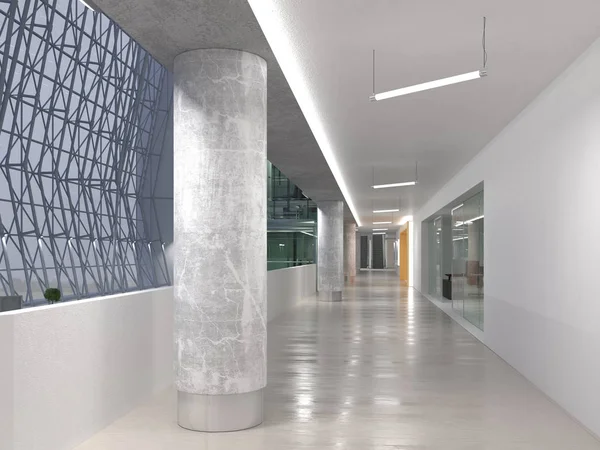 Koridorun genel iç mekanı. 3B render.