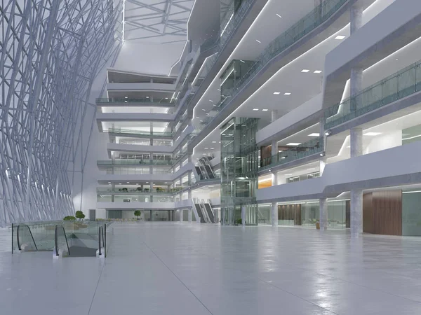 Koridorun genel iç mekanı. 3B render.