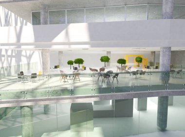 Koridorun genel iç mekanı. 3B render.