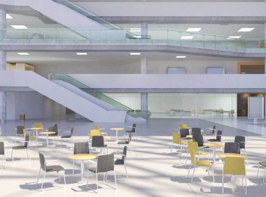 Koridorun genel iç mekanı. 3B render.