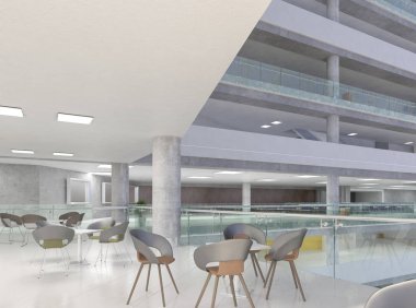 Koridorun genel iç mekanı. 3B render.