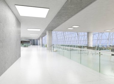 Koridorun genel iç mekanı. 3B render.