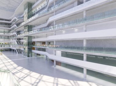 Koridorun genel iç mekanı. 3B render.